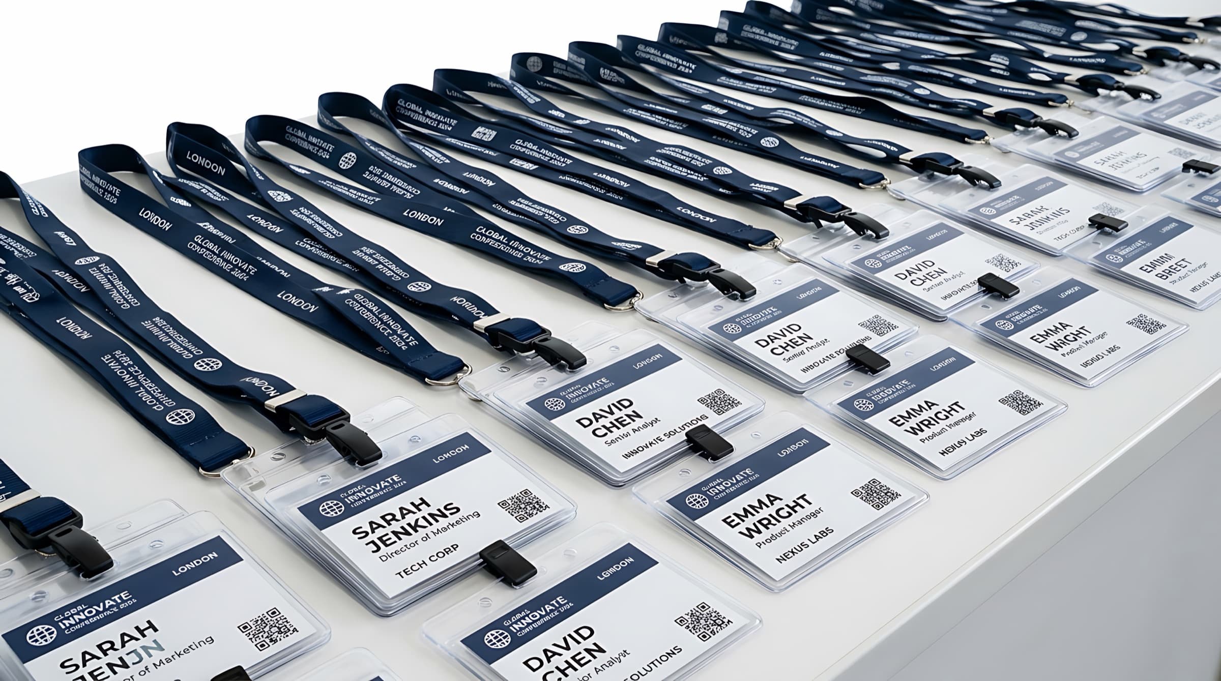 Gafetes con nombre y código QR acomodados sobre la mesa de registro